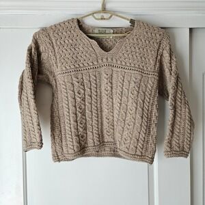 Aran Sweater Market Women S Beige 100% Merino Wool Cable Knit V-Neck Ireland‎